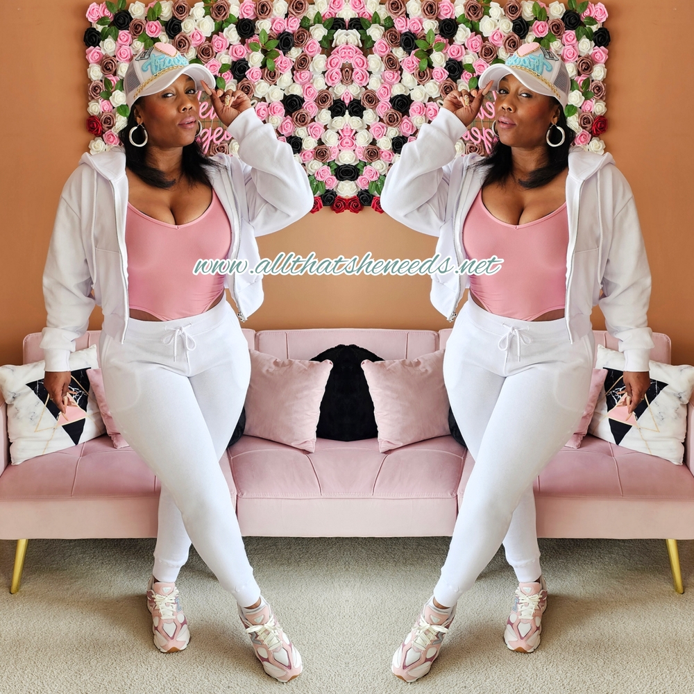 White Hoodie and Joggers Set with Pink Top